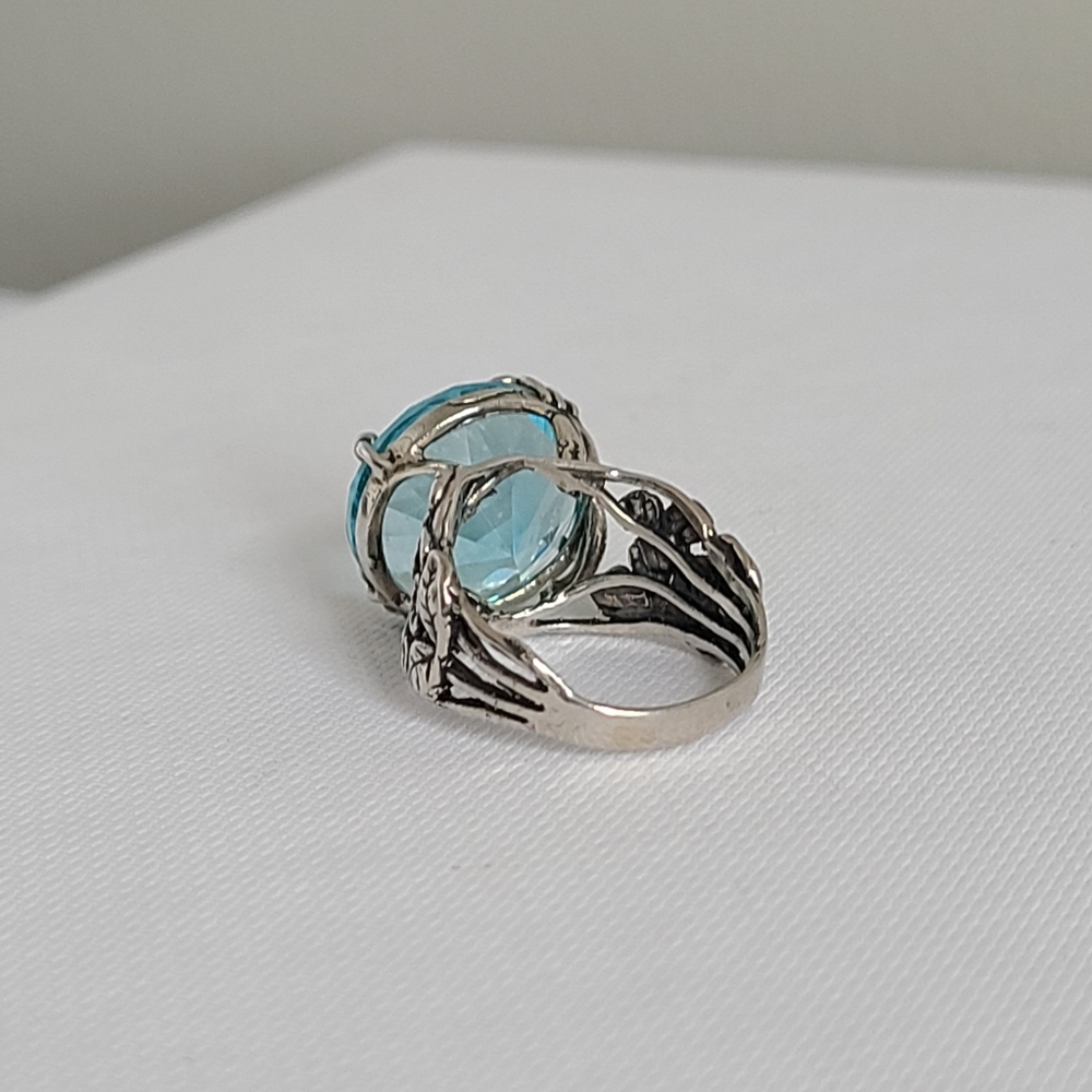 Vintage Sterling Silver Boho Chunky Blue Topaz Solitaire Floral Statement Ring - Picture 6 of 14